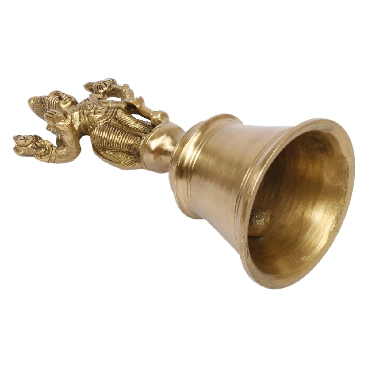 Brass bell with a figurine on top on a white background