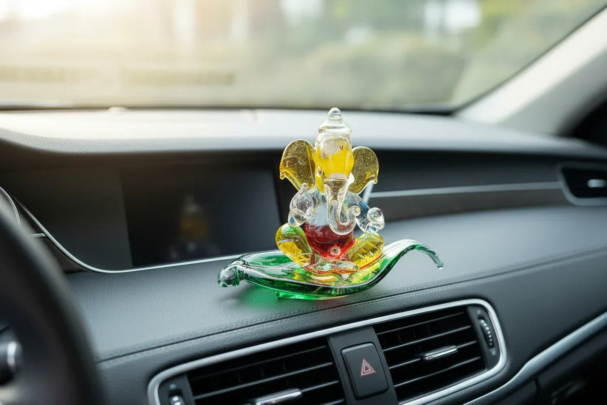 Glass Ganesha Idol on Leaf Base-ArtyCraftz.com