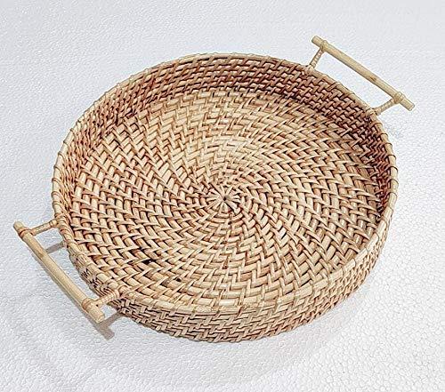 Handmade Cane Round Serving Tray with Handle