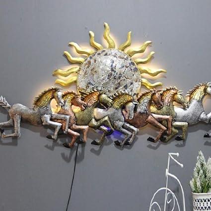 Metal Mosaic Sun and Running Horses LED Wall Art