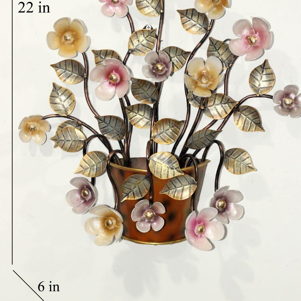 Metal Flower Pot Large Wall Art Mounted Hanging Decoration Showpiece with Leaves