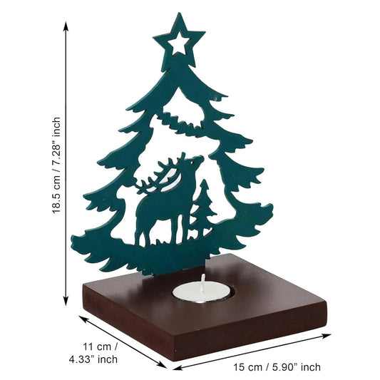 Teal Christmas tree and reindeer design on a wooden stand with measurements