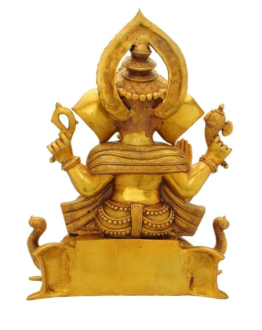 Brass Lord Ganesha Seated On Three Elephants Head Idol