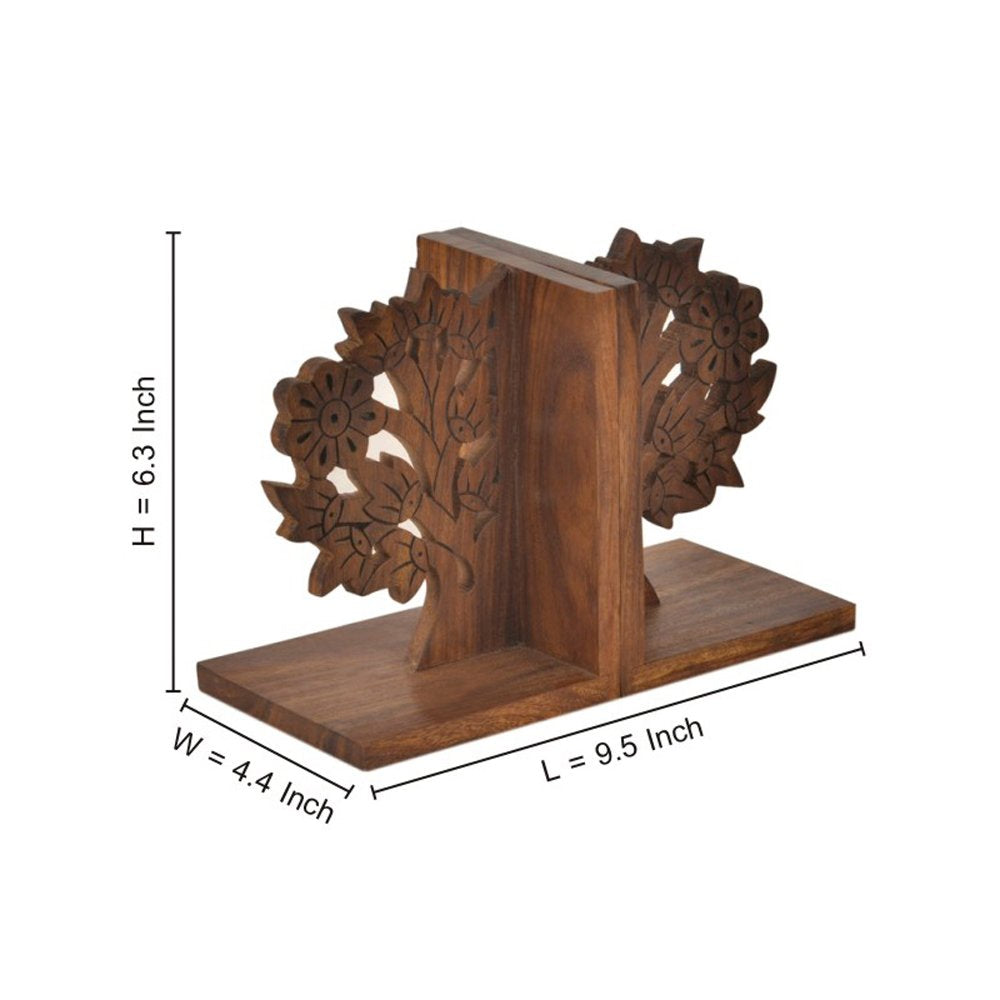 'Engraved Tree' Sheesham Wooden Bookends (11.9 cm x 11.2 cm x 16.0 cm, Brown)