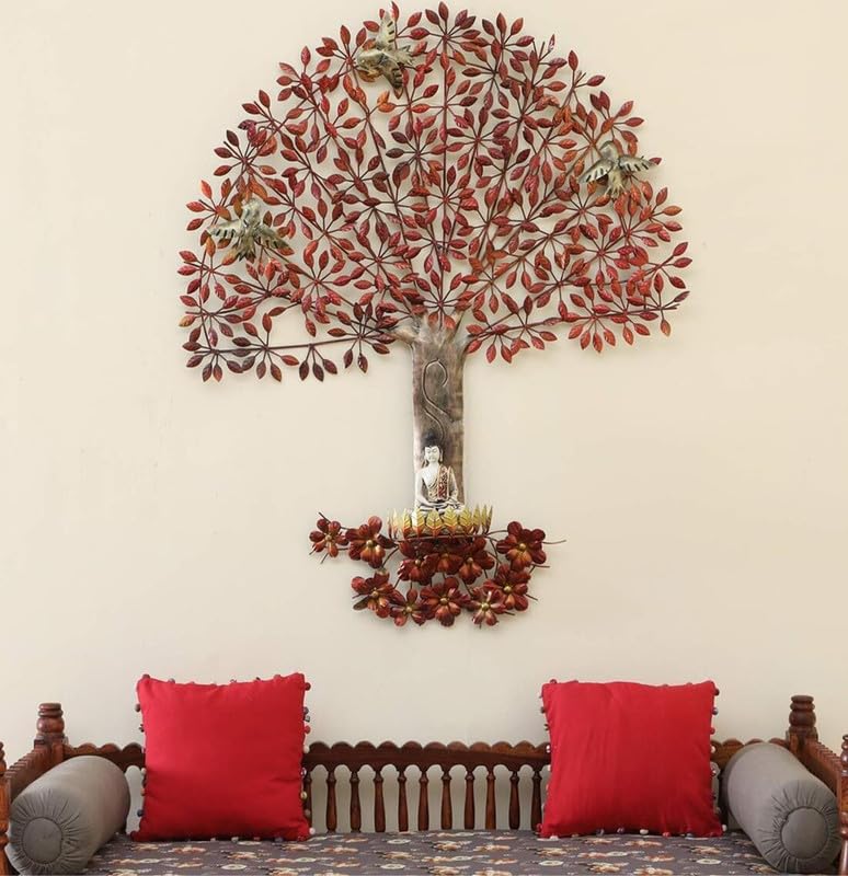 Metal Handmade Golden Tree Wall Hanging With Buddha Home Decor