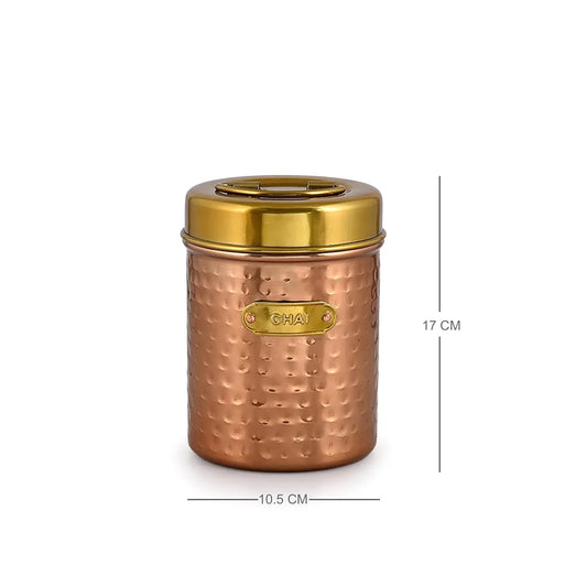 Copper and golden colour container with 'CHAI' label and dimensions on a white background