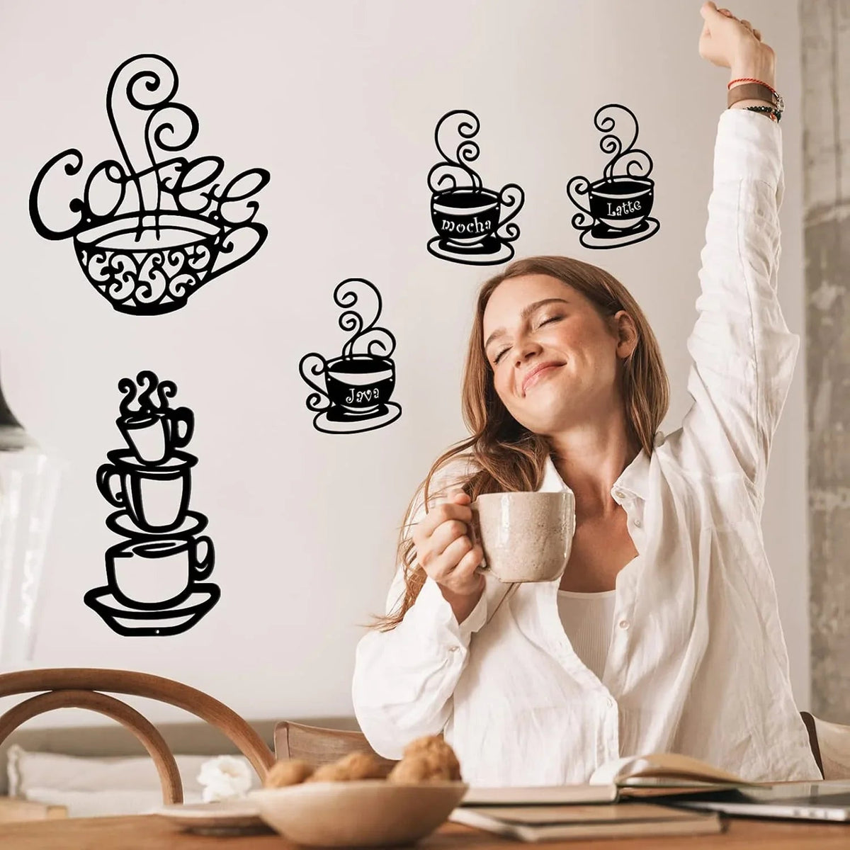 A girl enjoying on 5 Pieces Metal Coffee Cup Wall Decor