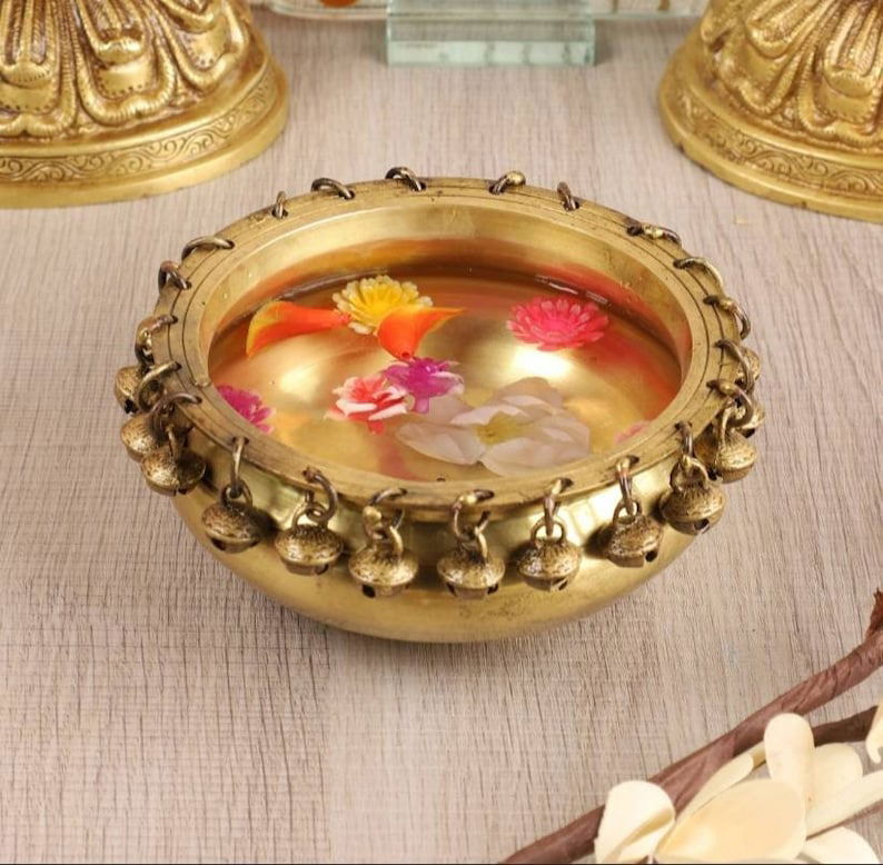 6inches Brass Urli Ethnic Traditional Bowl with Bells - ArtyCraftz.com
