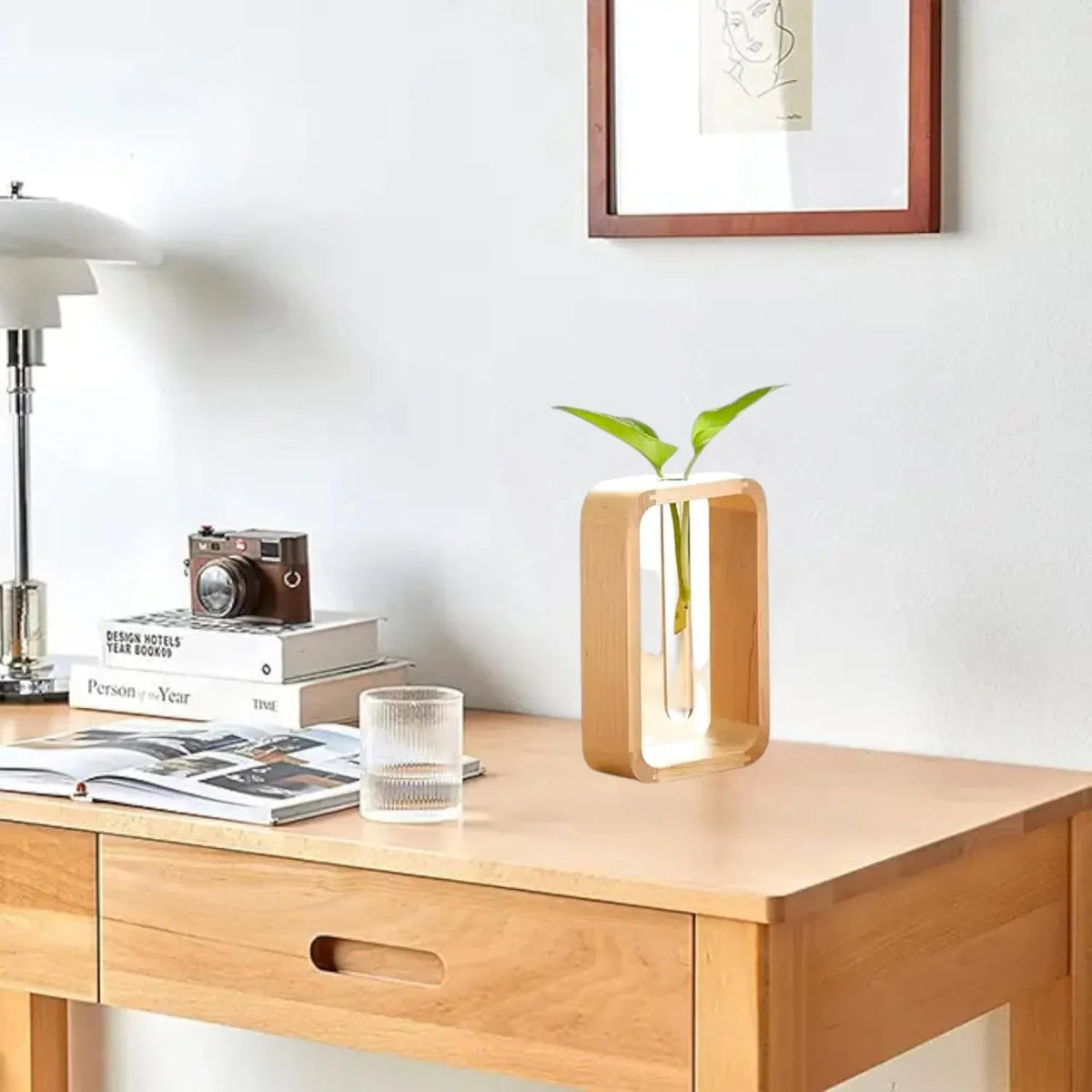 Small Wooden Table Flower Vase with Borosilicate Glass Propagation Decor Plant Holder