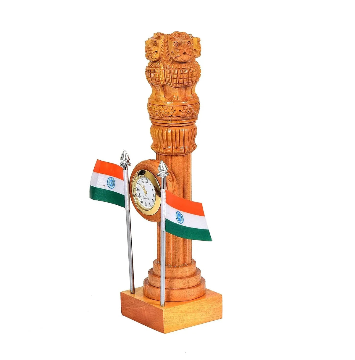 Wooden Ashoka Pillar Table Decor with Clock & Indian Flags – 9 Inch
