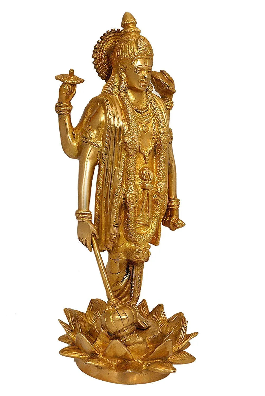 Brass Lord Vishnu Standing on Lotus Base Statue ide View