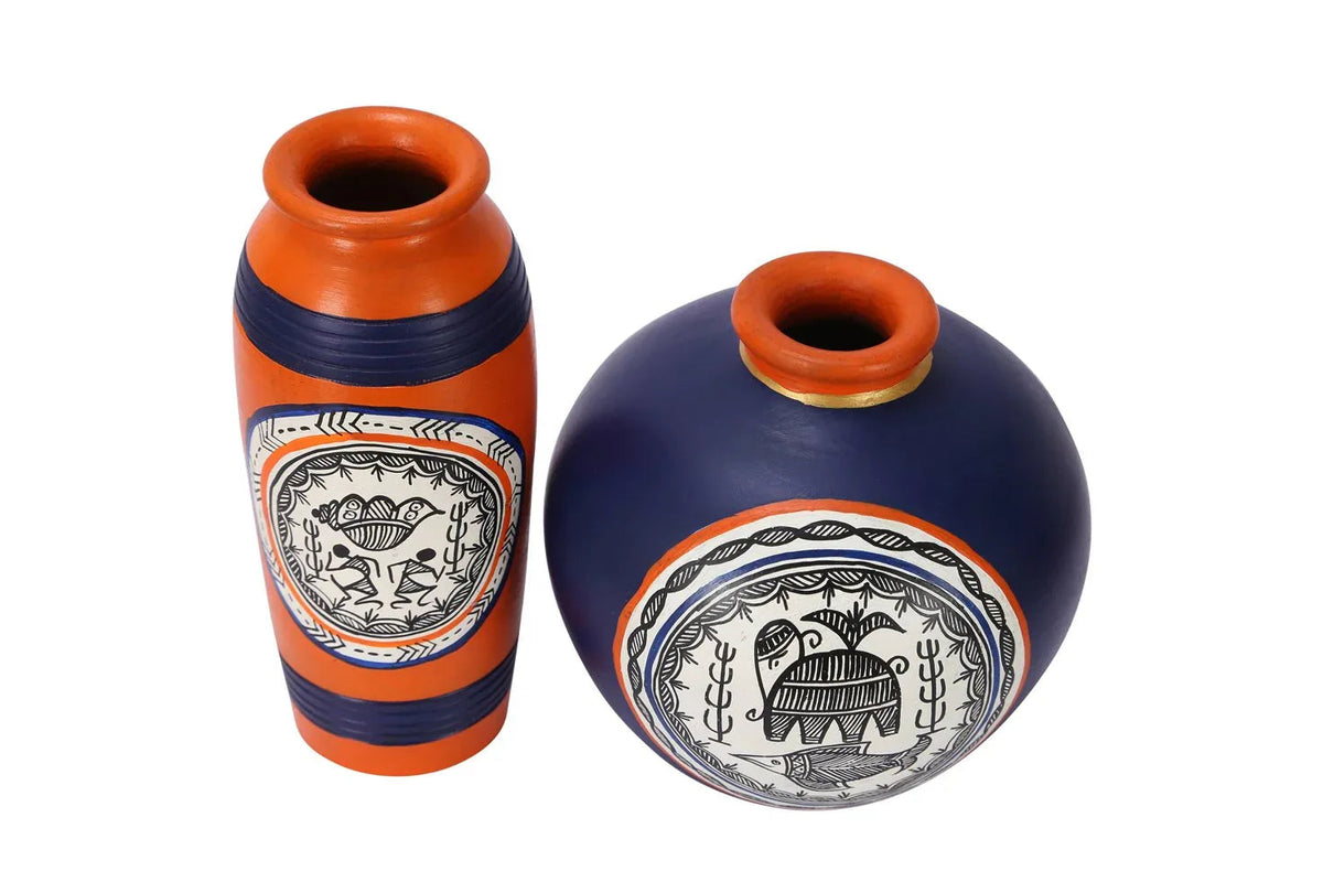 Combo Of Terracotta Handpainted Decorative Vase / Pots Orange & Blue Set Of 2