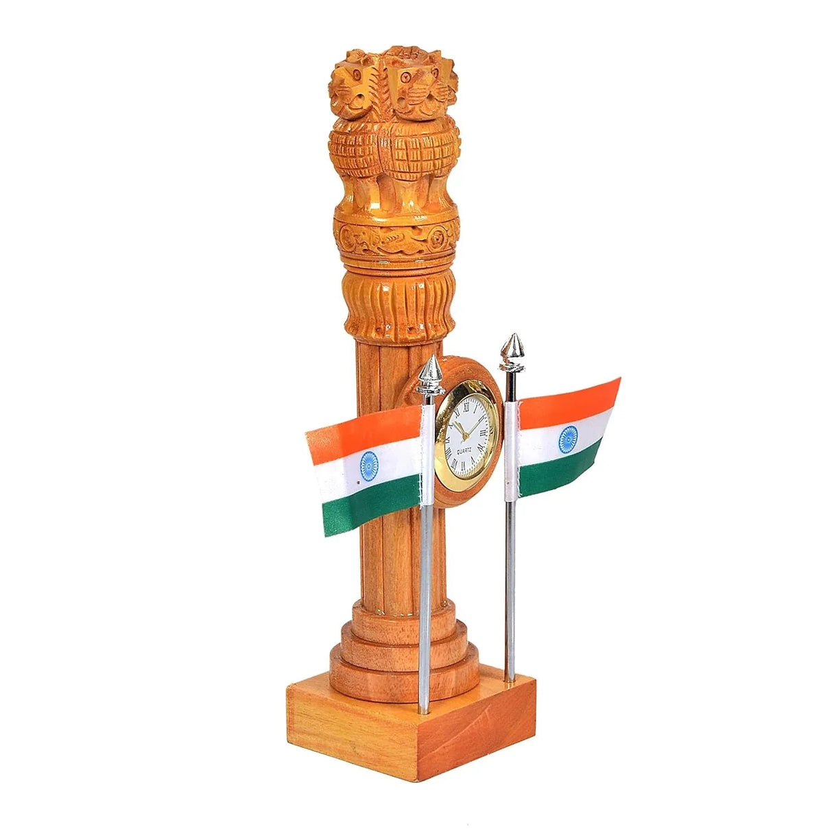 Wooden Ashoka Pillar Table Decor with Clock & Indian Flags – 9 Inch