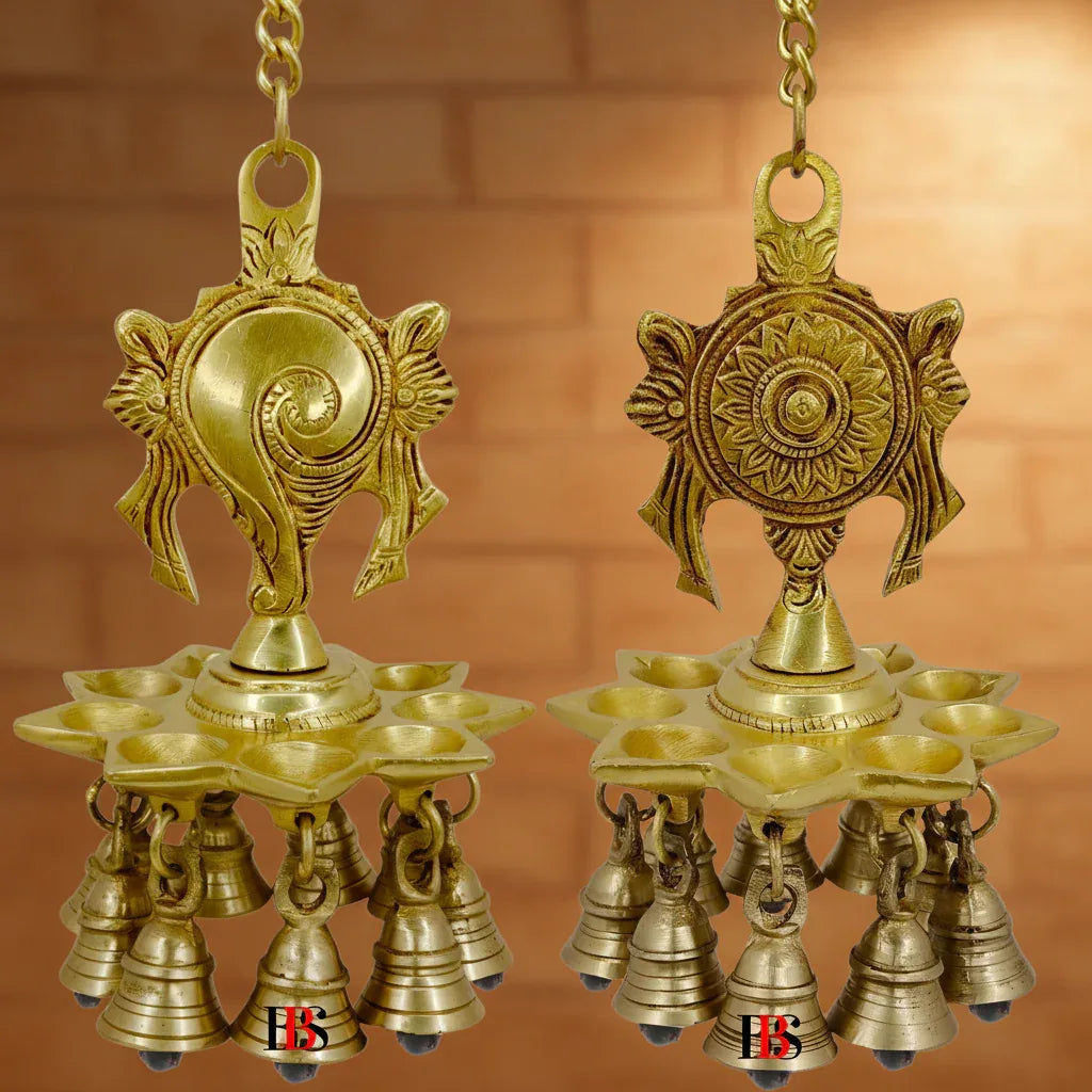 Shankh Chakra Brass Hanging Lamp with Bells-ArtyCraftz.com