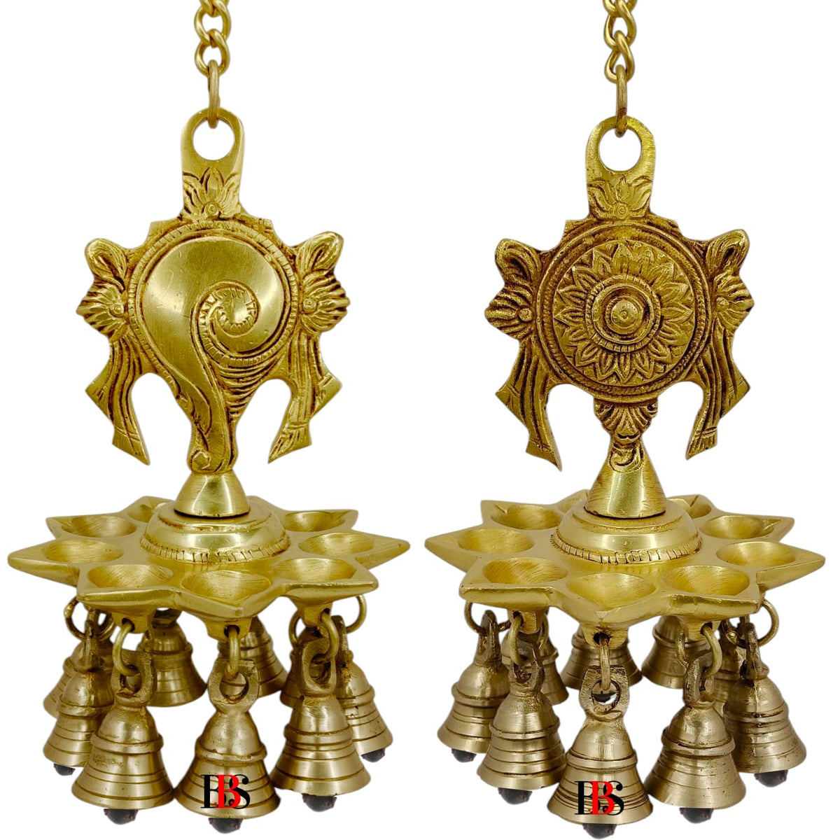 Shankh Chakra Brass Hanging Lamp with Bells-ArtyCraftz.com