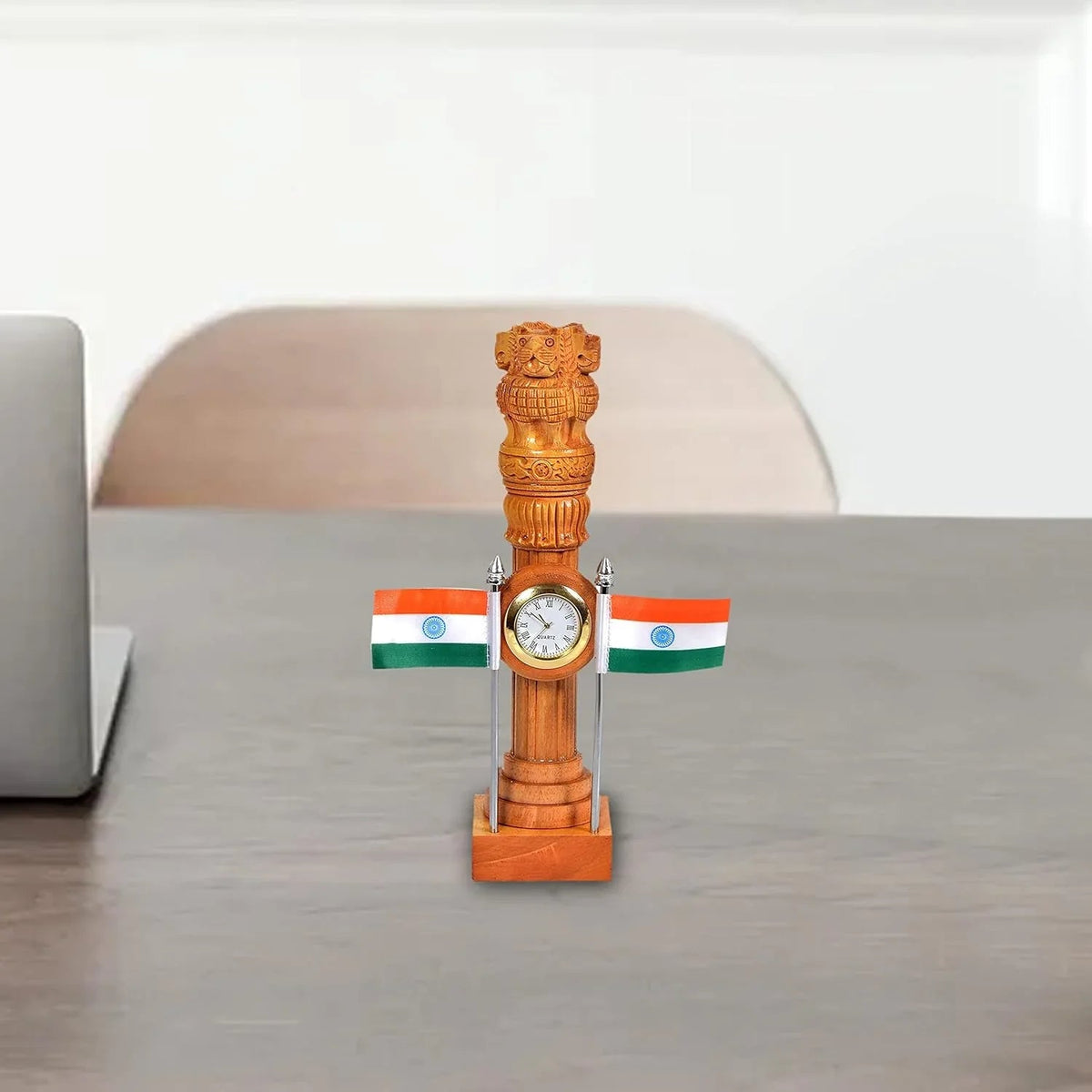 Wooden Ashoka Pillar Table Decor with Clock & Indian Flags – 9 Inch
