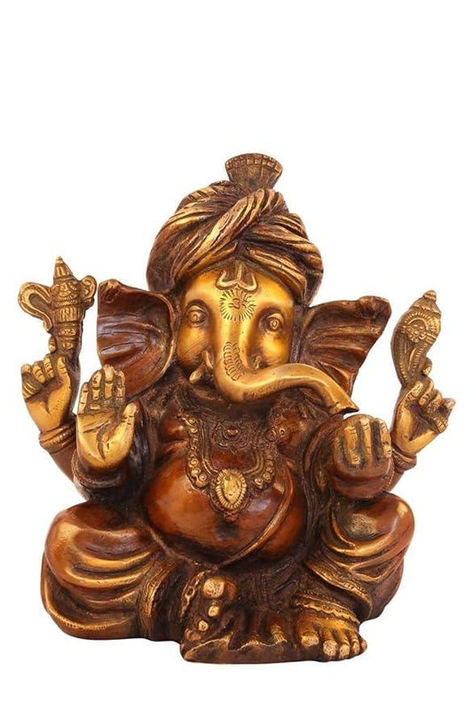 Brass Pagdi Ganesha Statue 7 Inches-ArtyCraftz.com