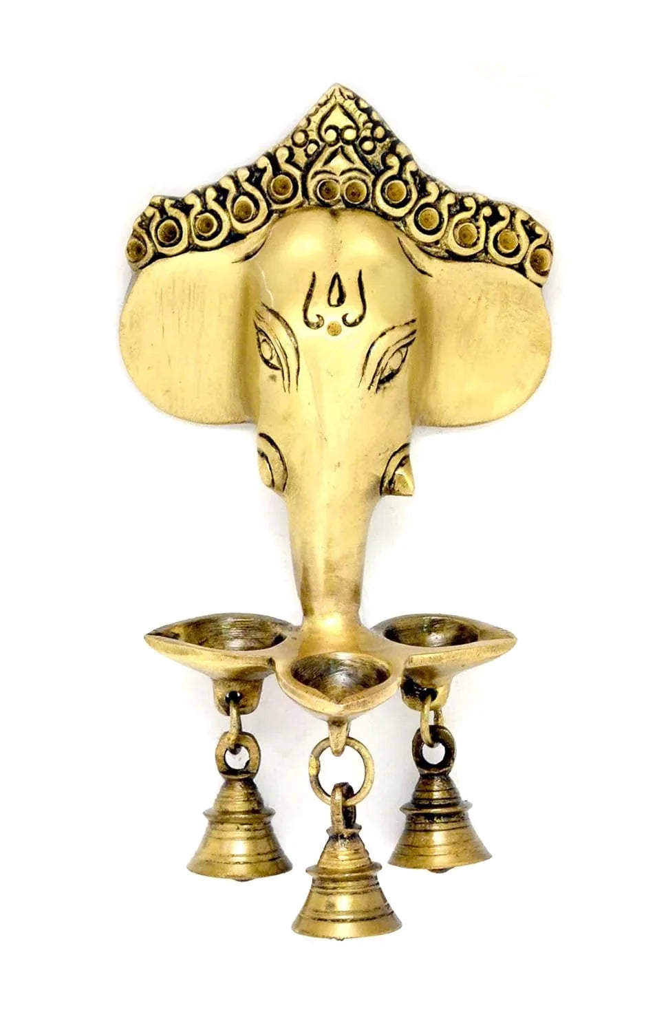Crown Ganesh Brass Wall Hanging with 3 Diyas & Bells-ArtyCraftz.com