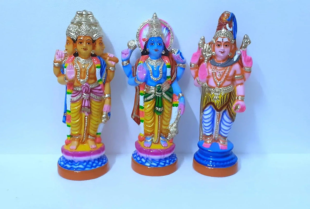 Papier Mache Mummoorthigal Dolls – Brahma, Vishnu & Shiva for Dasara Golu