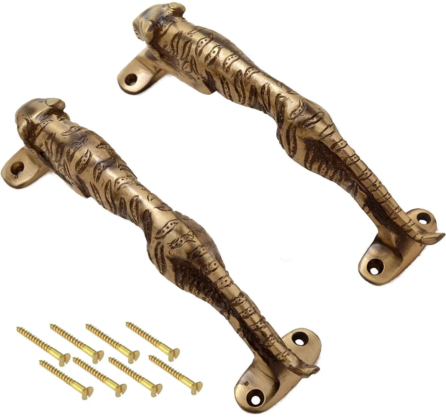 Handcrafted Brass Tiger Design Door Handle Antique Finish with Screws