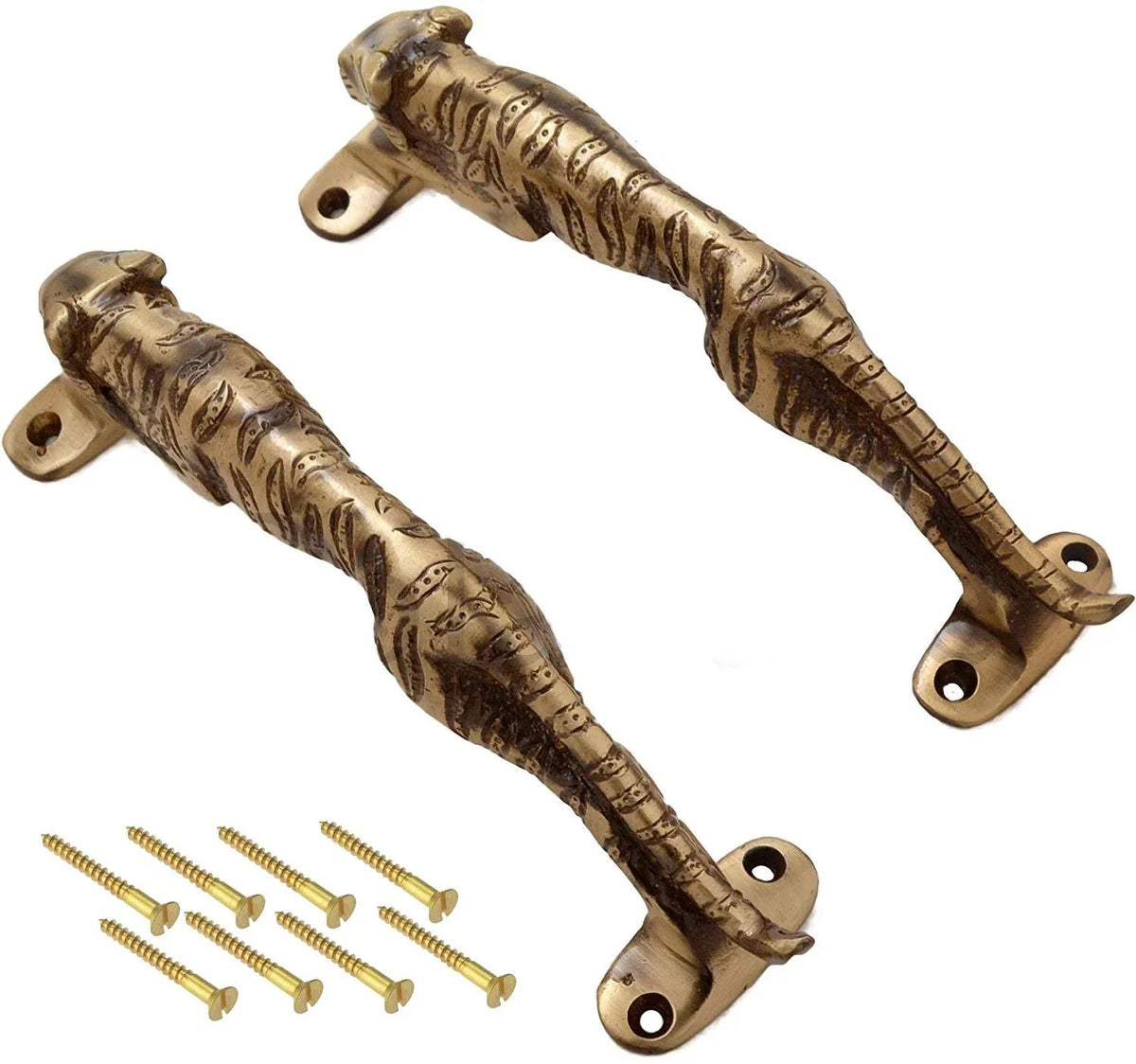 Handcrafted Brass Tiger Design Door Handle Antique Finish with Screws
