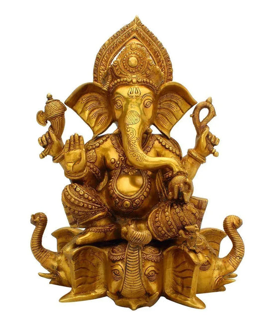 Brass Lord Ganesha Seated On Three Elephants Head Idol