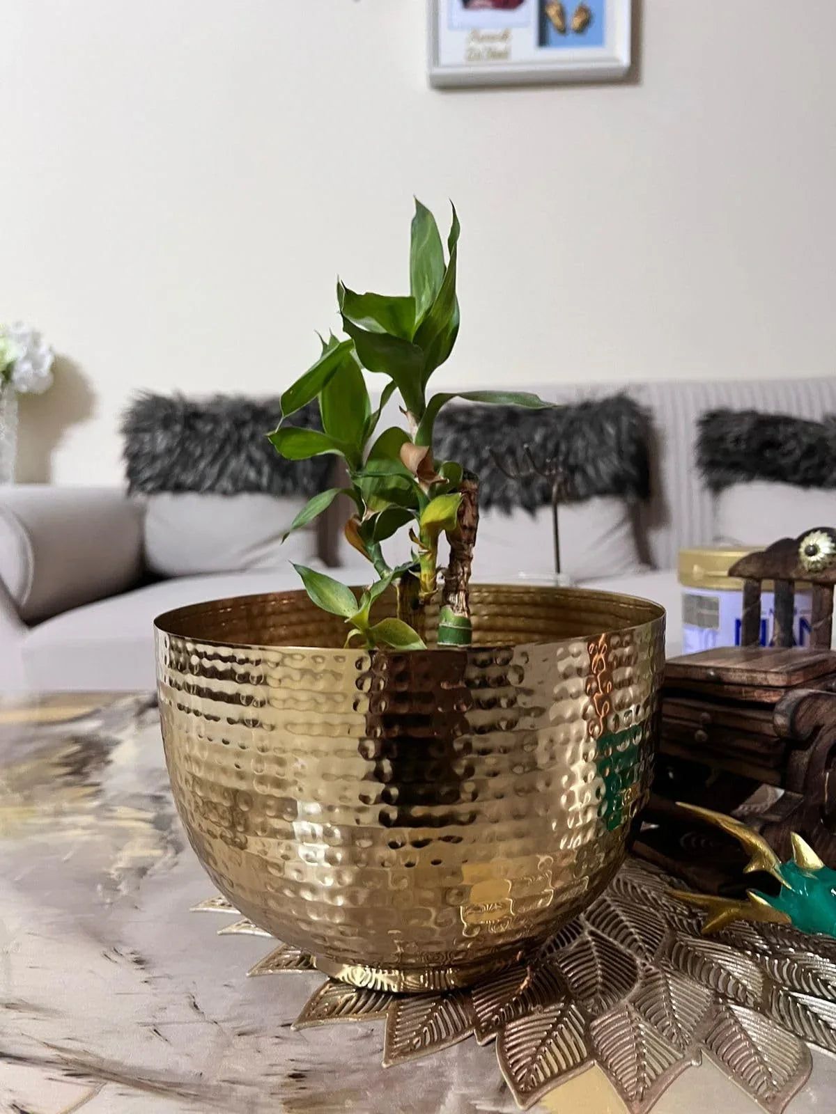 Metal Hammered Golden Bowl Planter for Home Decoration for Pooja