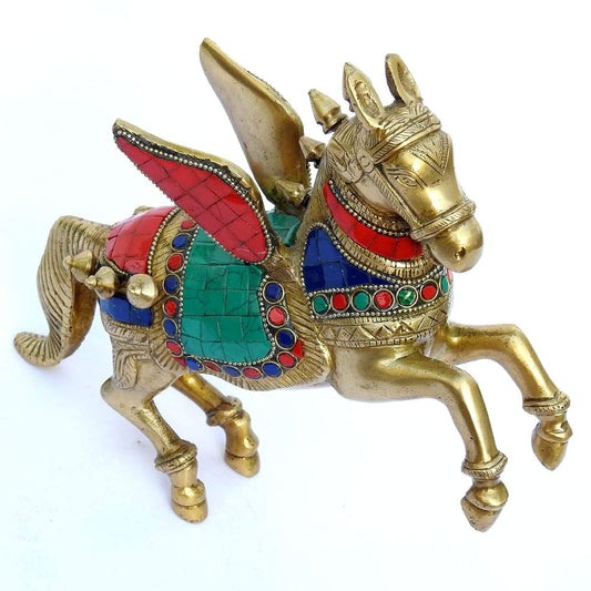 Brass Cheering Horse with Wings Statue Multicolor