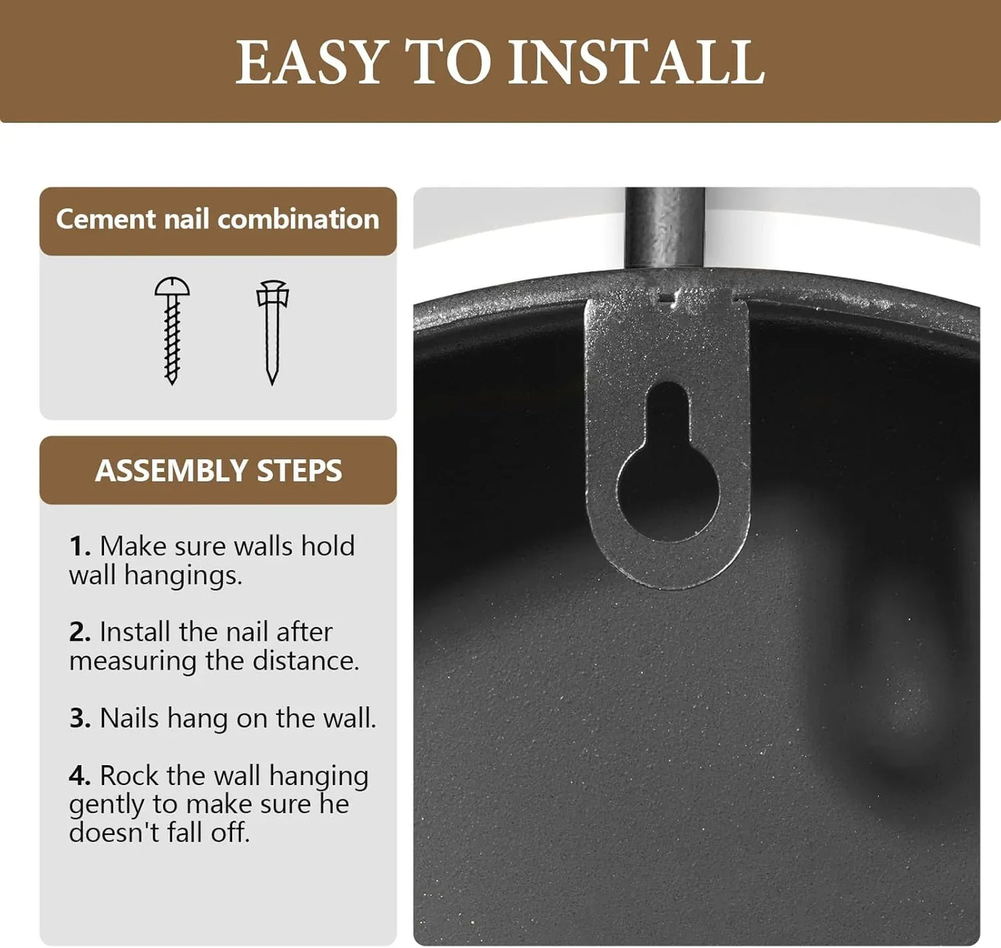 Assembly instructions for a wall hanging with cement nail combination and installation steps of wall clock