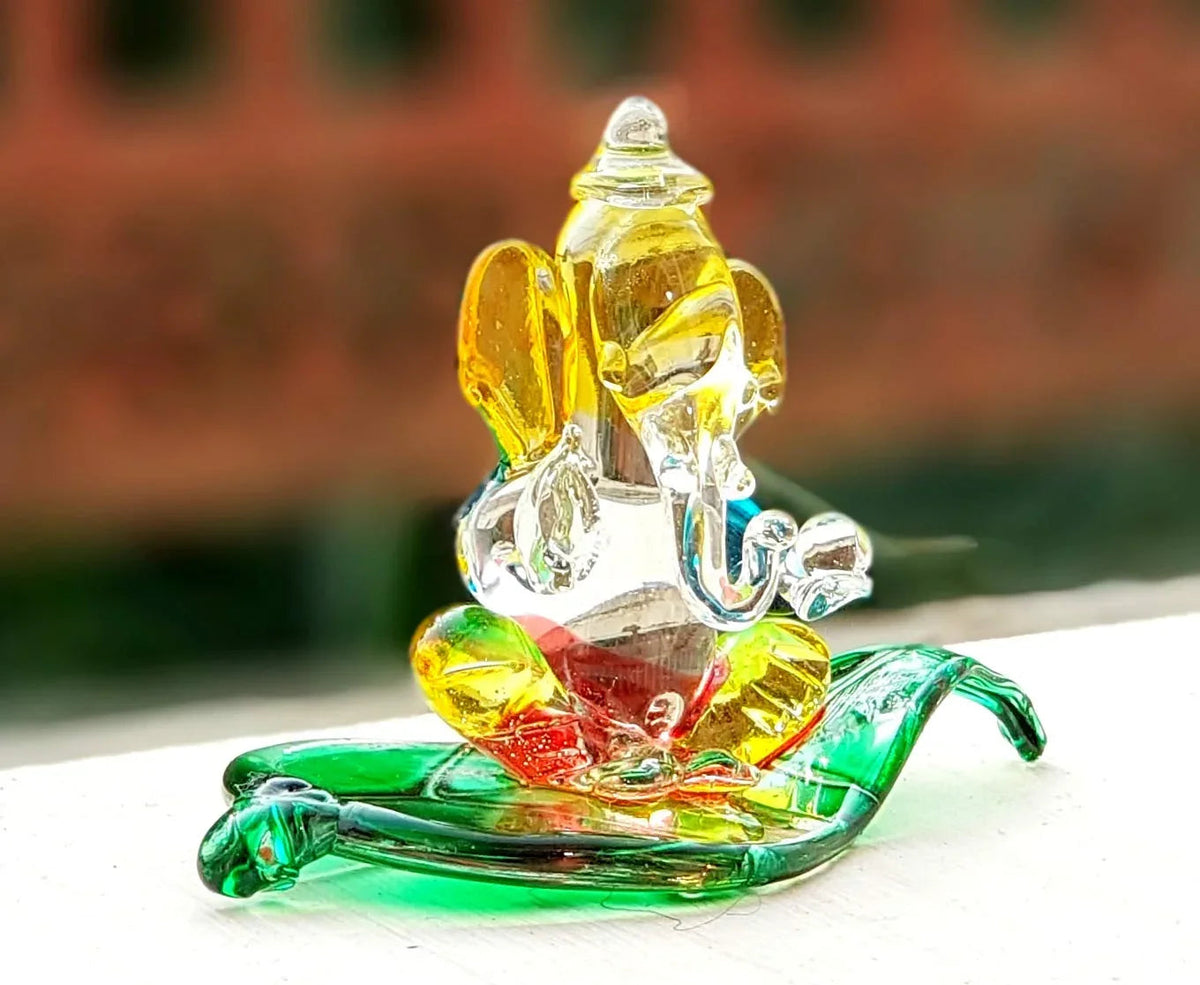 Glass Ganesha Idol on Leaf Base-ArtyCraftz.com