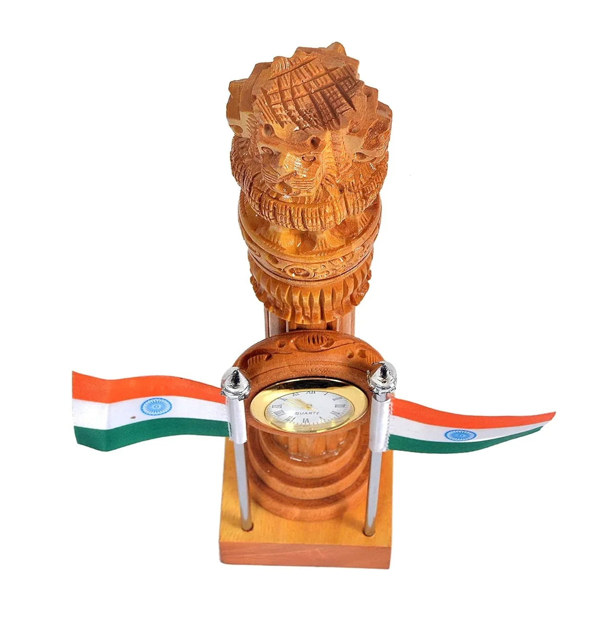 Wooden Ashoka Pillar Table Decor with Clock & Indian Flags – 9 Inch