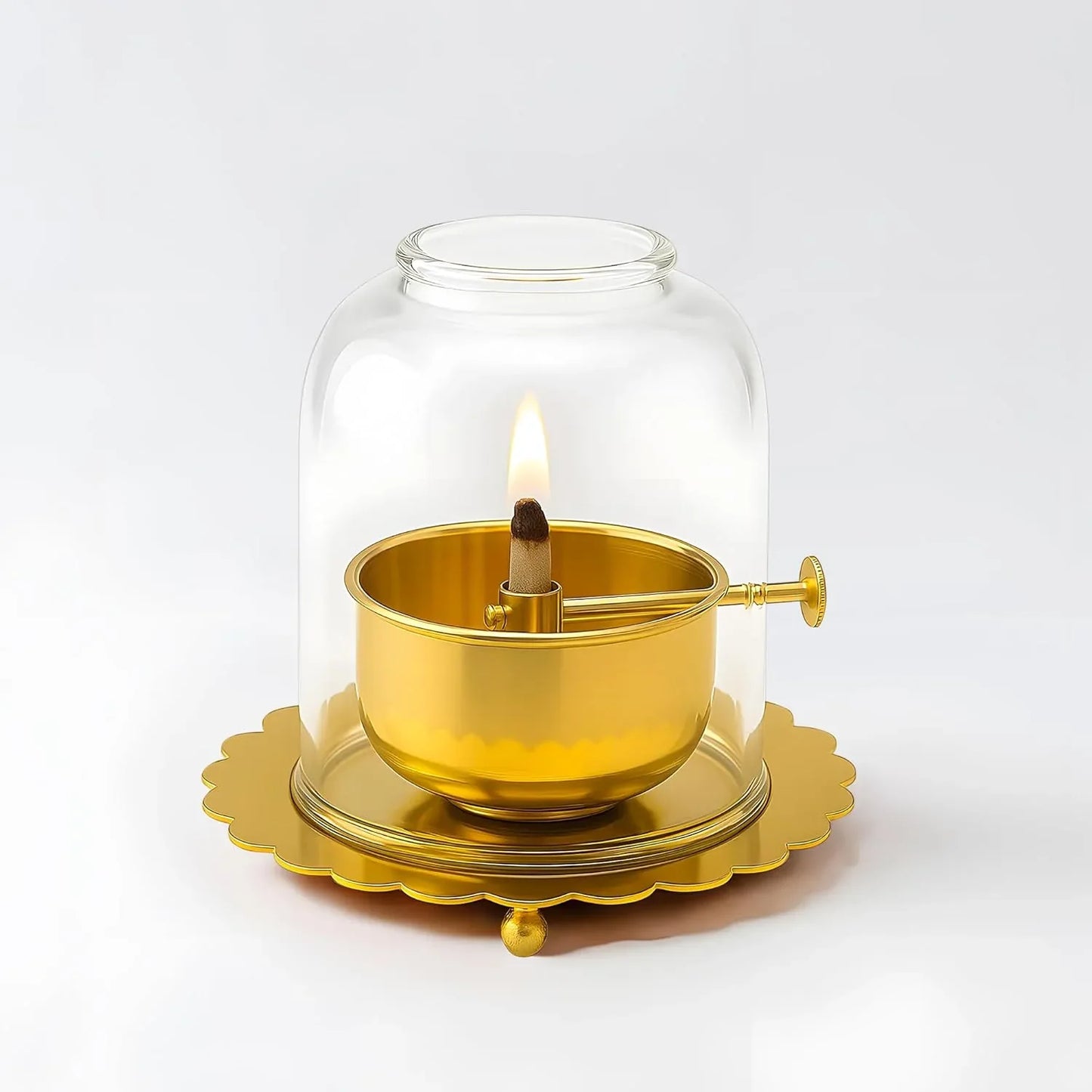 Brass Akhand Jyoti Diya Oil Lamp with Adjustable Bati Knob in Plain background