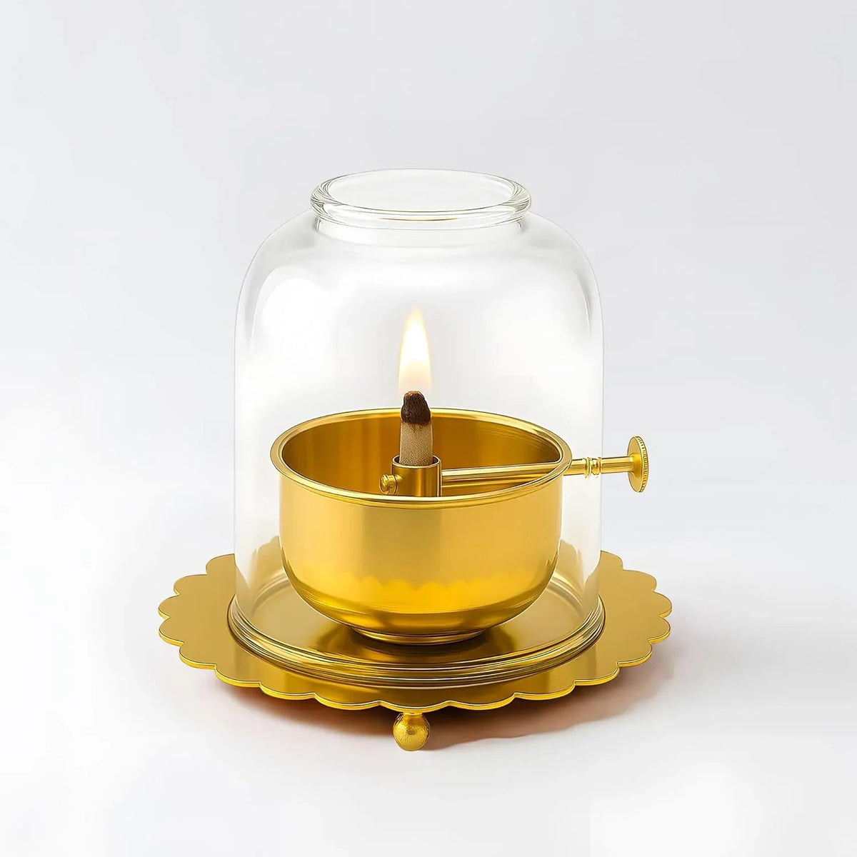 Brass Akhand Jyoti Diya Oil Lamp with Adjustable Bati Knob in Plain background