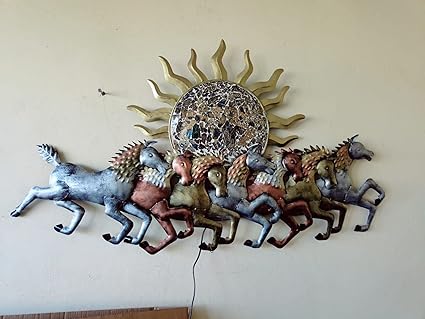 Metal Mosaic Sun and Running Horses LED Wall Art