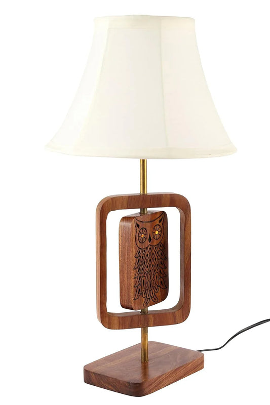 Owl Engraved Sheesham Wooden Table Lamp in white background