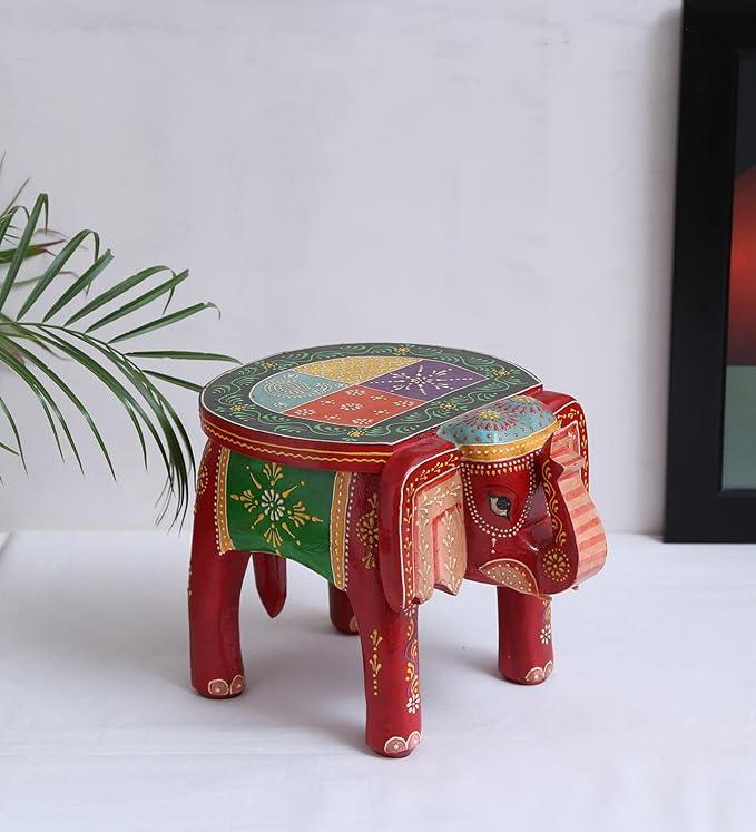Multicolour Wood and MDF Painted Elephant Chowki