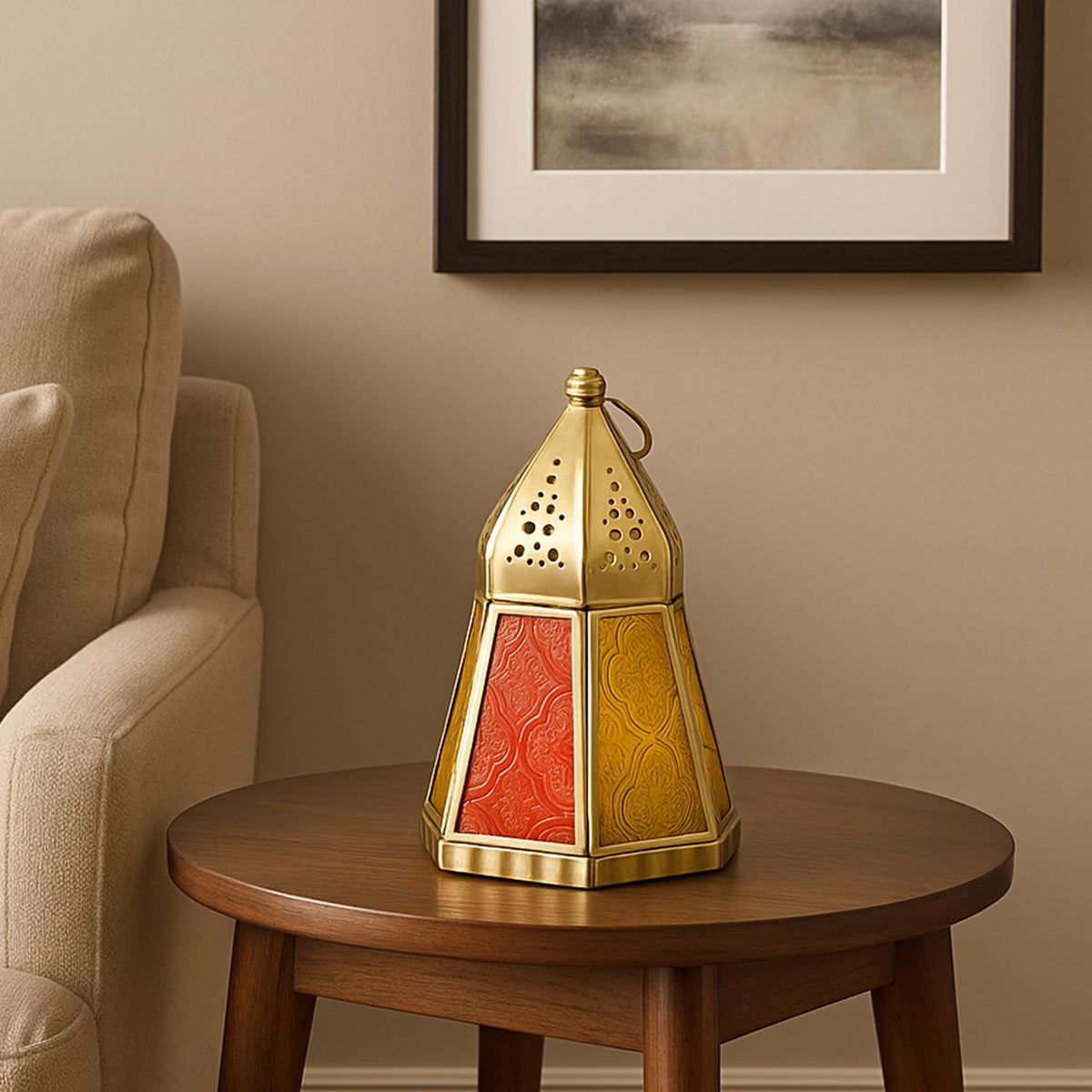 Gold Iron Lantern with Red and Yellow Panels- 13.5 cm
