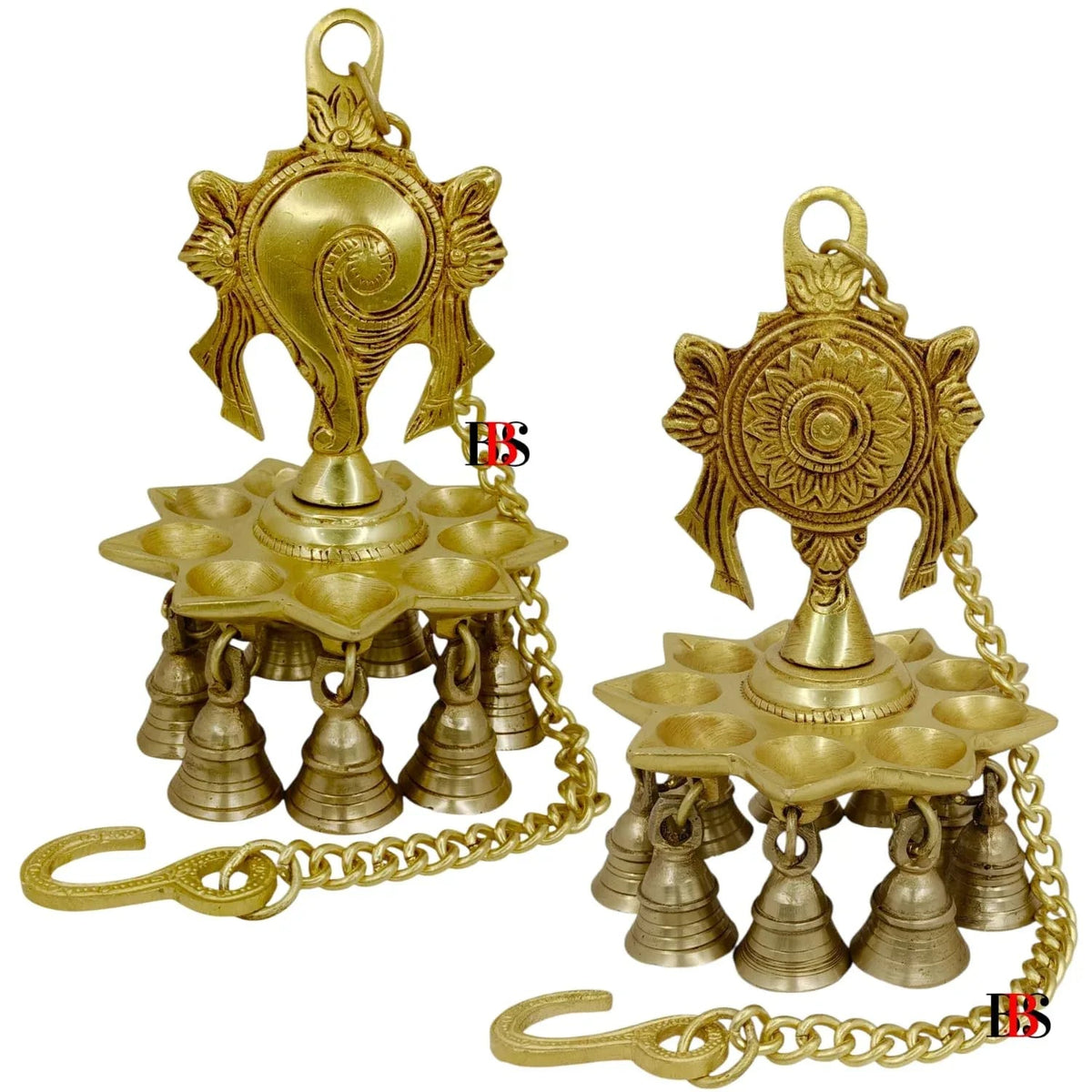 Shankh Chakra Brass Hanging Lamp with Bells-ArtyCraftz.com