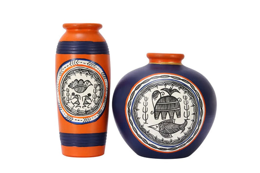 Combo Of Terracotta Handpainted Decorative Vase / Pots Orange & Blue Set Of 2