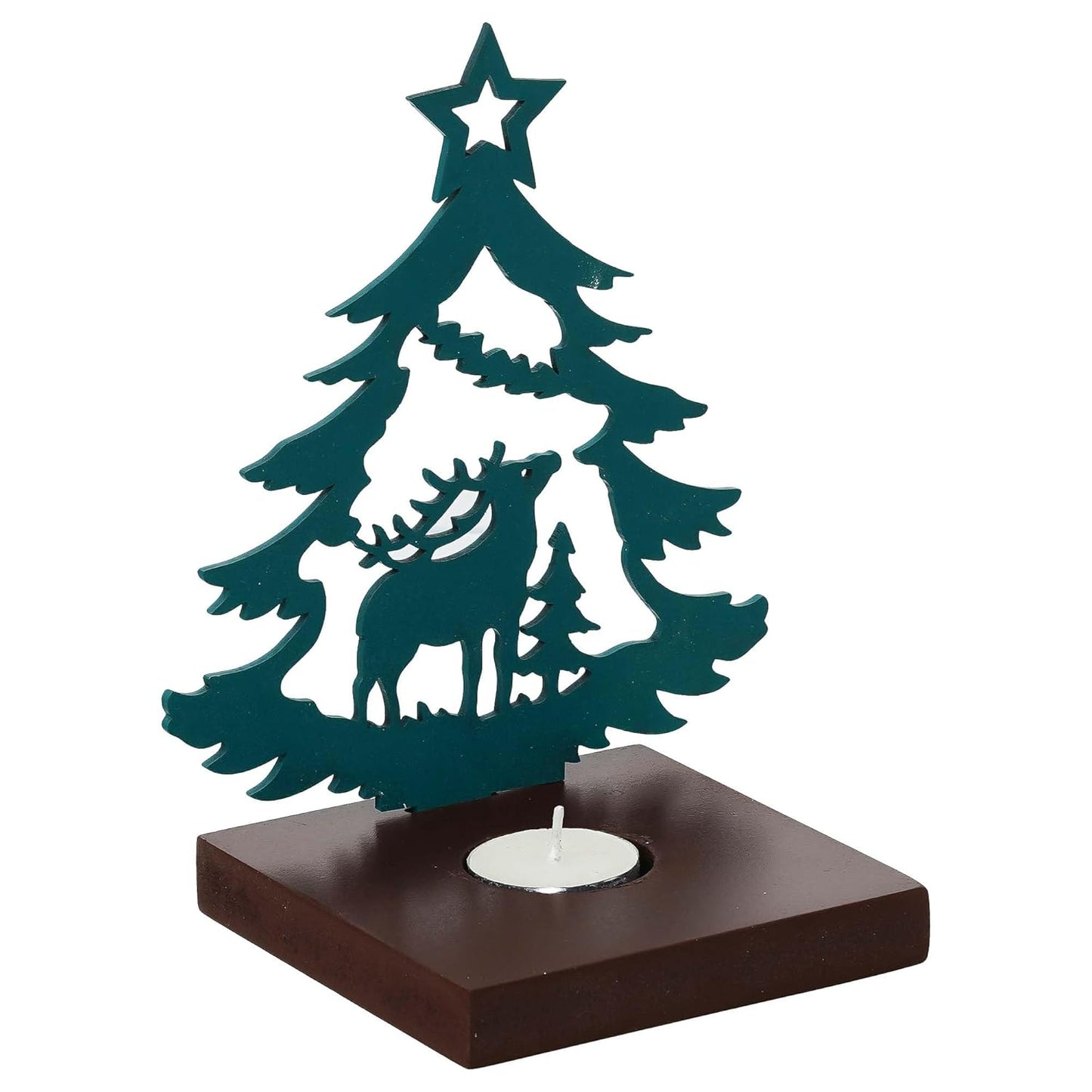 Merry Christmas Tree Reindeer Showpiece Decorative T-Light Candle Holder (Wooden Green)