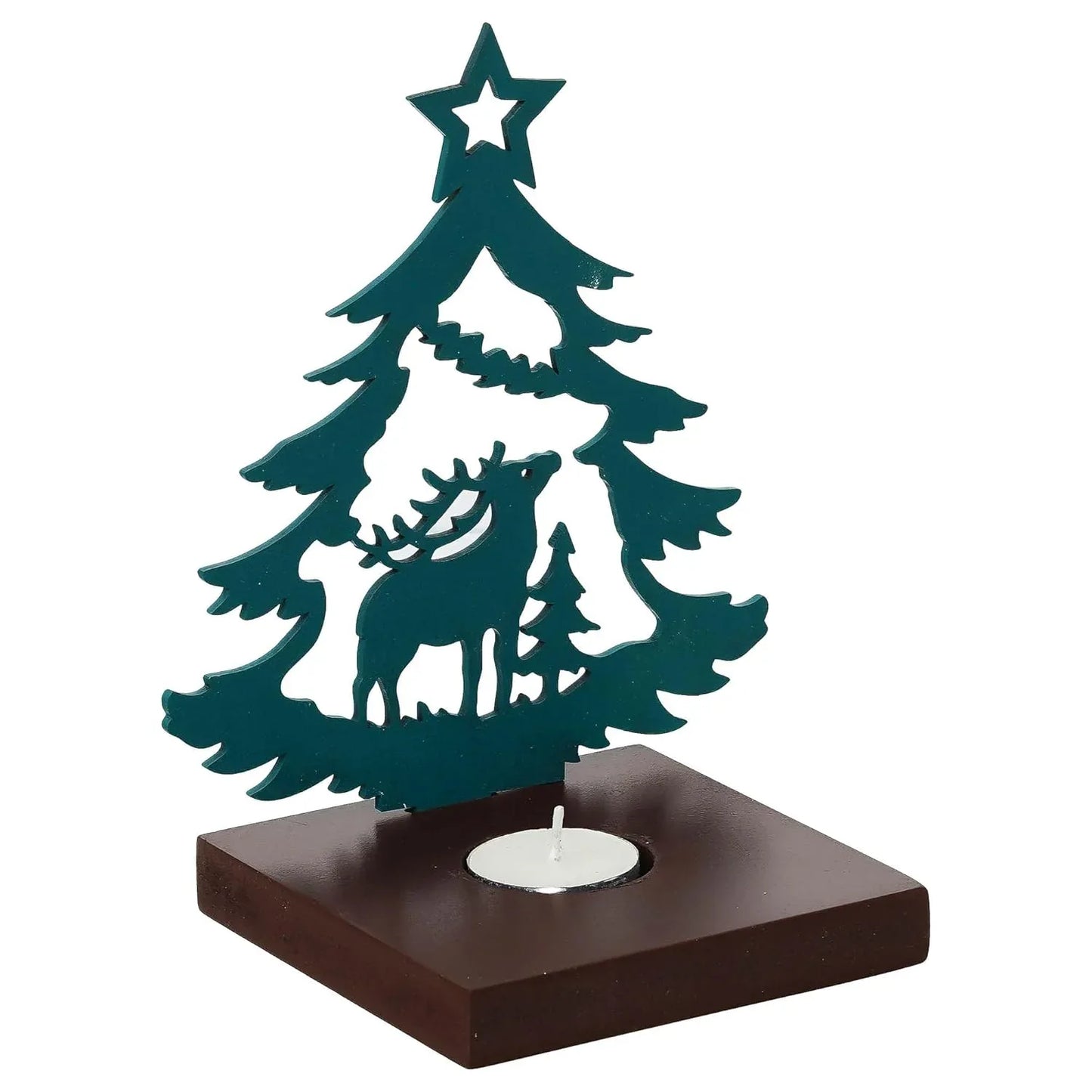 Decorative teal Christmas tree with deer and star on a wooden base with a candle holder