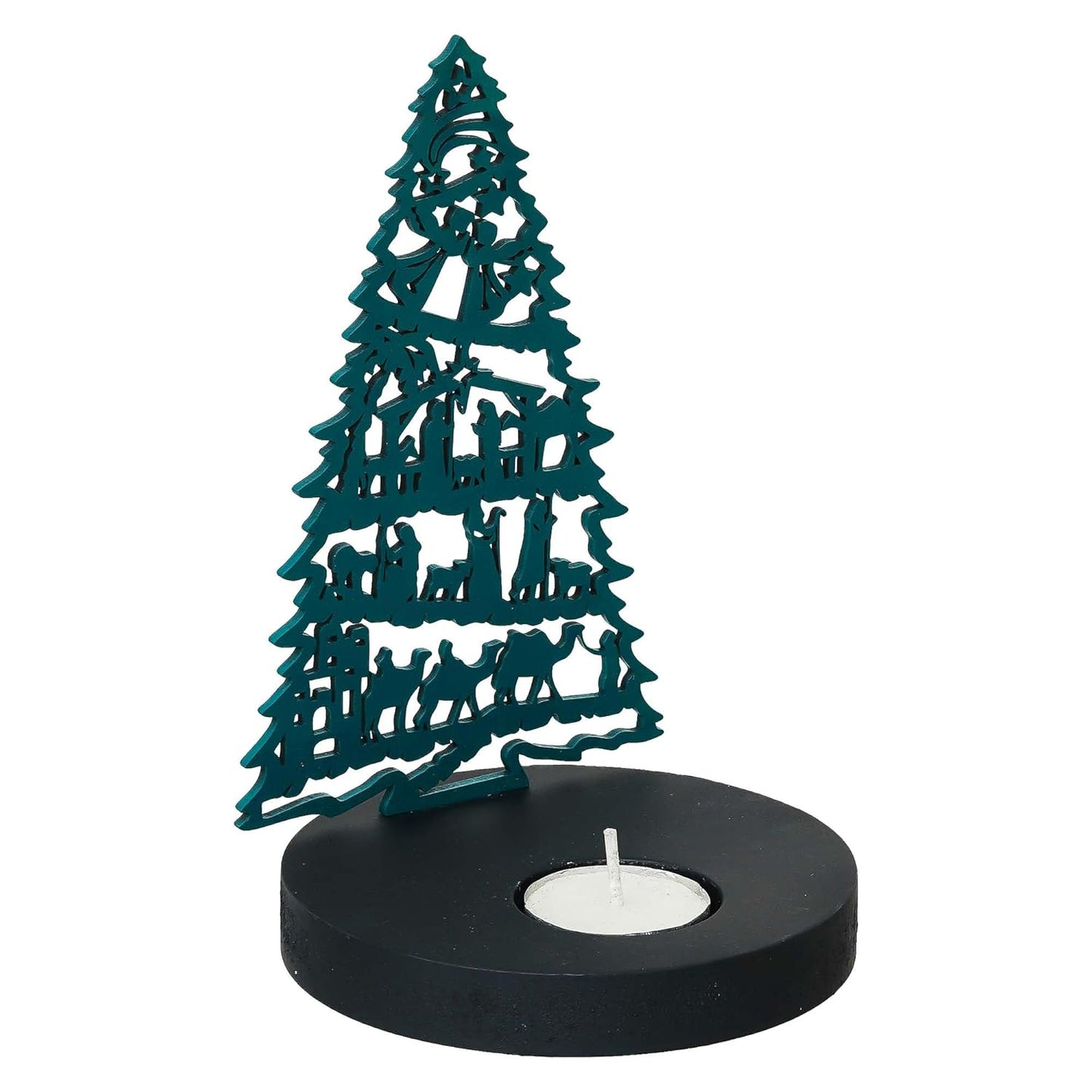 Teal metal Christmas tree decoration on a black candle holder