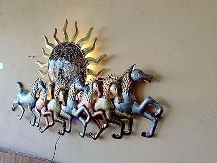 Metal Mosaic Sun and Running Horses LED Wall Art