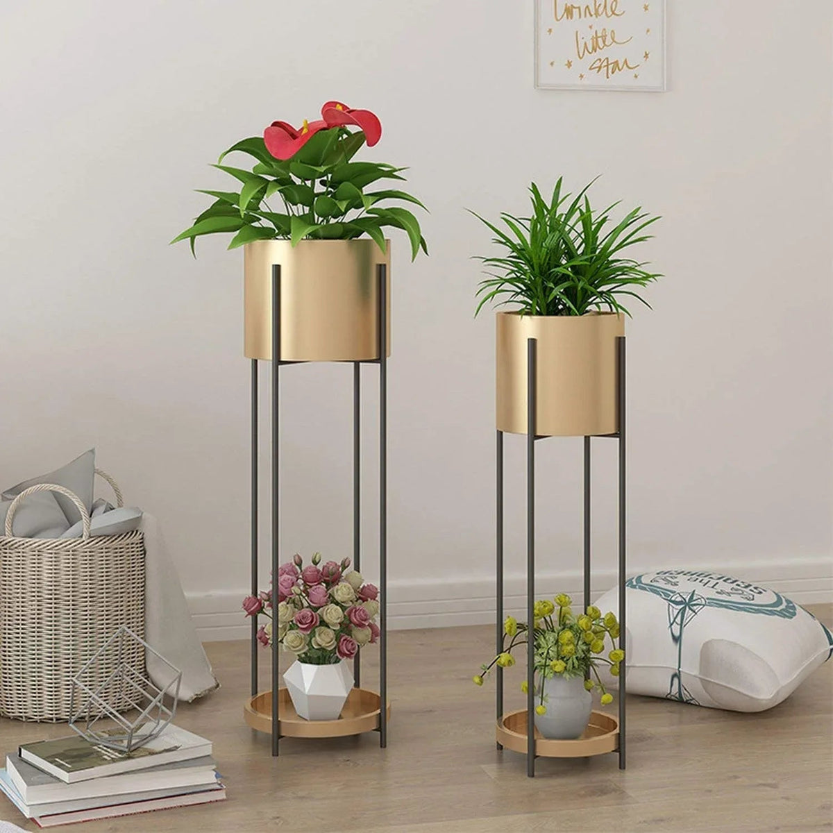 Indoor Metal Plant Stand 18 Inch & 16 Inch Modern Iron Flower Pot Stand with Base Shelf