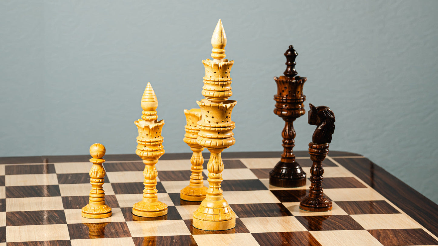 Hand Carved Lotus Chess Set with 16 Inch Flat Chess Board in Glossy Finish