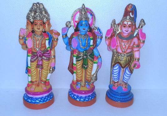 Papier Mache Mummoorthigal Dolls – Brahma, Vishnu & Shiva for Dasara Golu