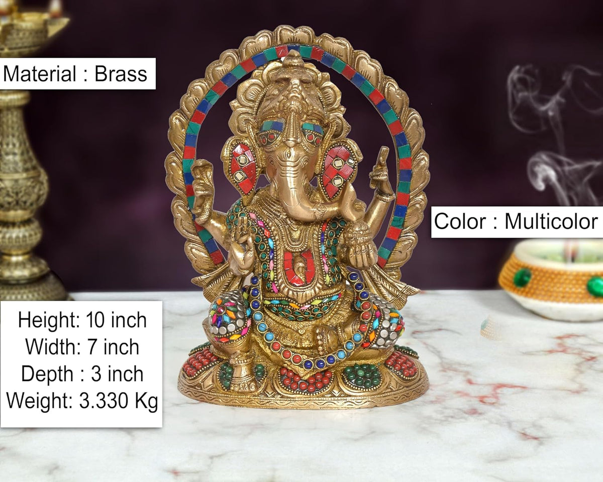 Handcrafted Multicolor Brass Ganesha Idol with Decorative Arch for Home Temple – 10 Inch