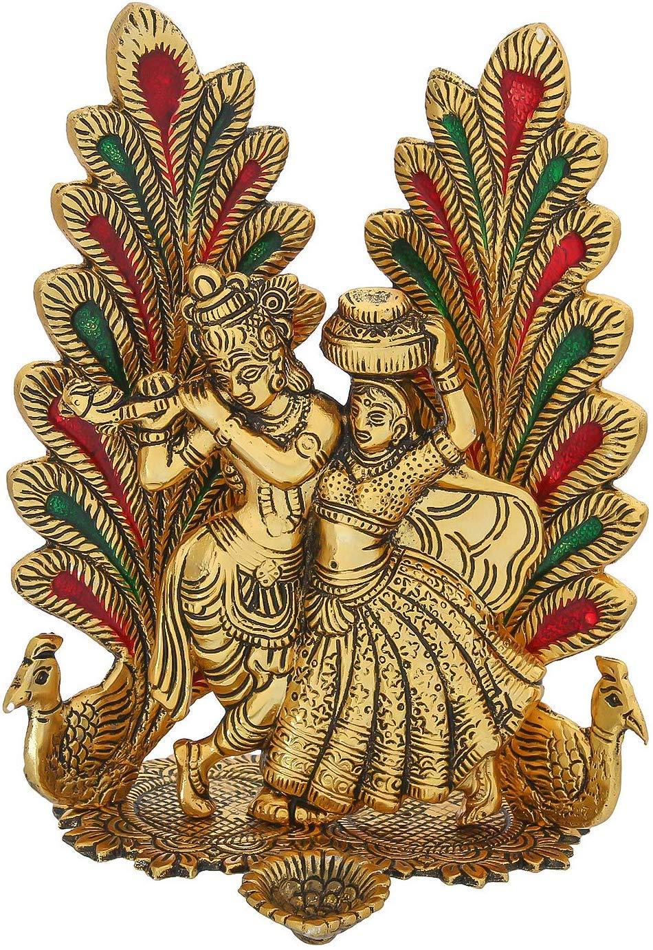 Peacock Design Radha Krishna Idol Showpiece with Diya for Puja and Home Decor (8 x 6 Inches), Metal, Gold