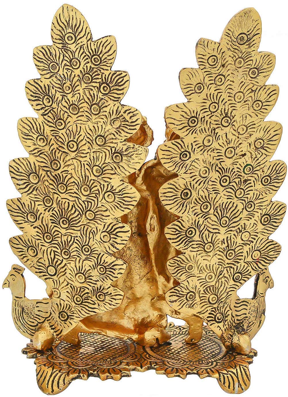 Peacock Design Radha Krishna Idol Showpiece with Diya for Puja and Home Decor (8 x 6 Inches), Metal, Gold