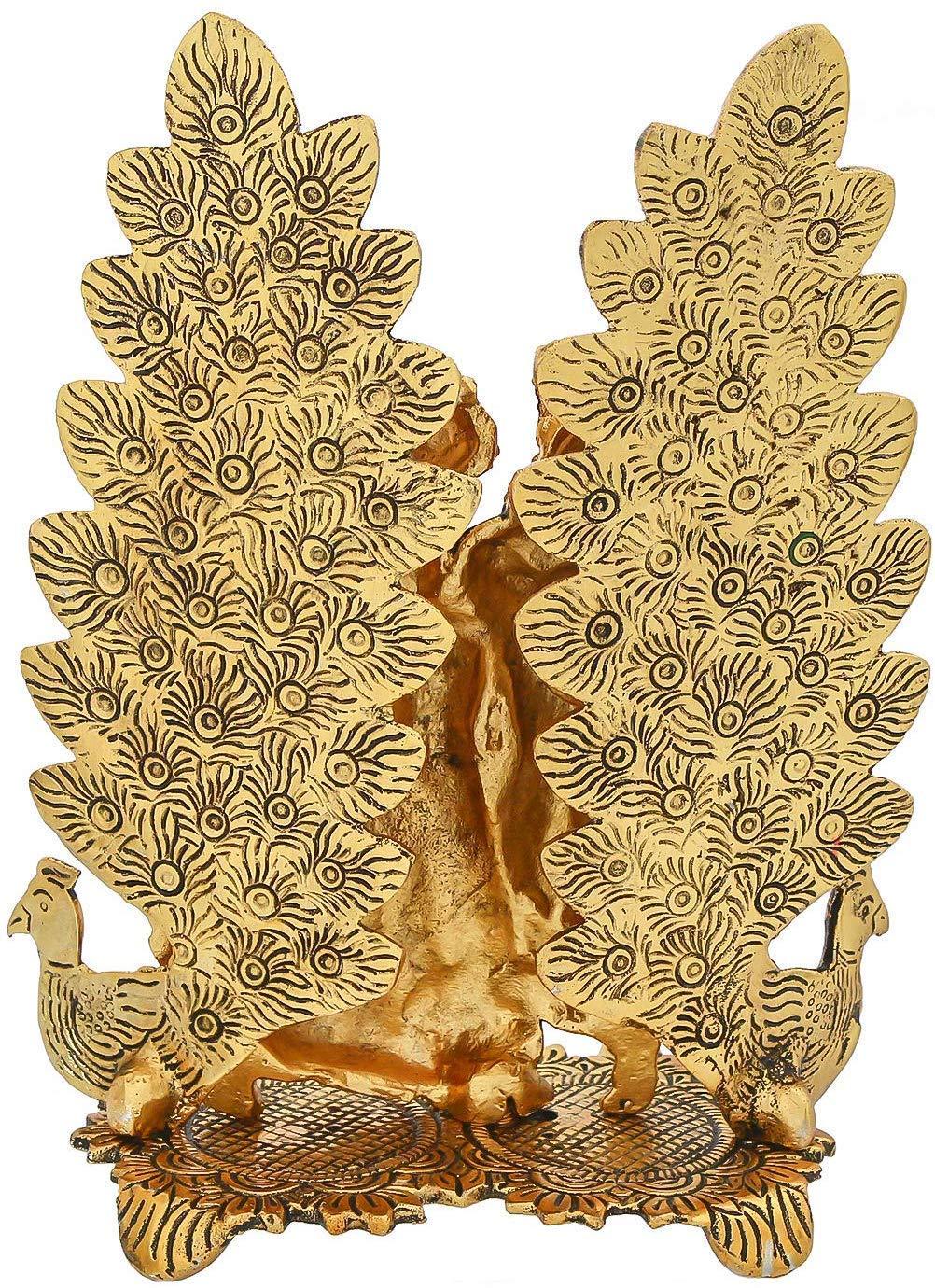 Peacock Design Radha Krishna Idol Showpiece with Diya for Puja and Home Decor (8 x 6 Inches), Metal, Gold